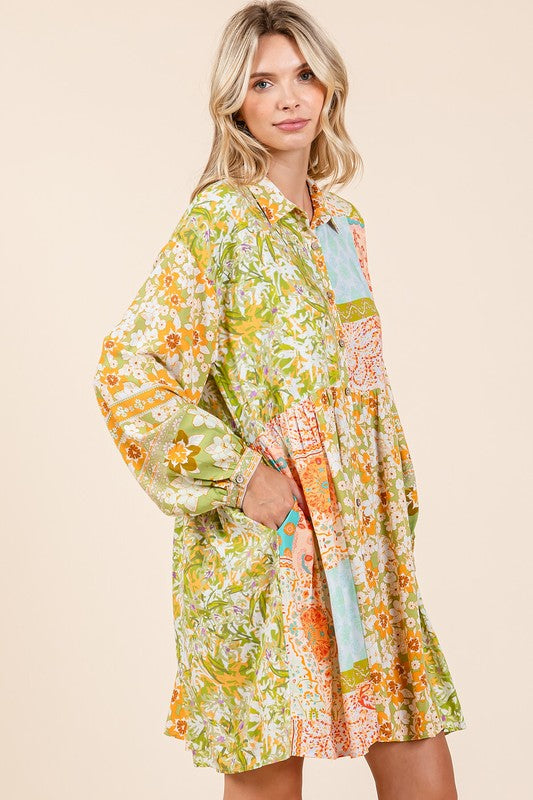 Floral Button Detail Long Sleeve Shirt Dress for Women