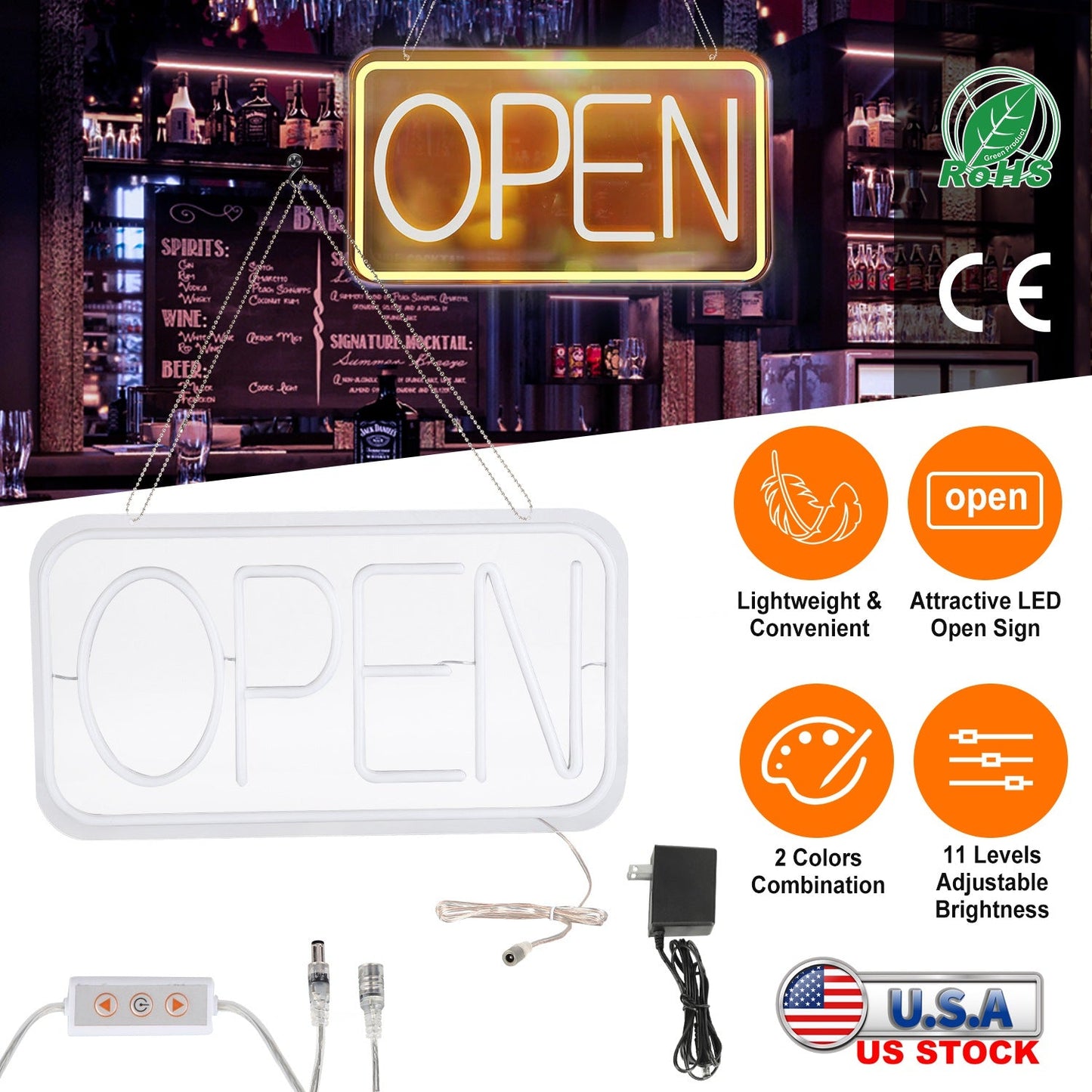 Cartel Abierto LED - 16.5x9.1in Tablero de Publicidad de Neón