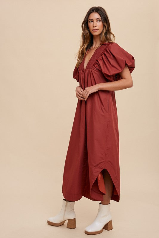 Robe Midi à Manches Bouffantes Smockée pour Femmes