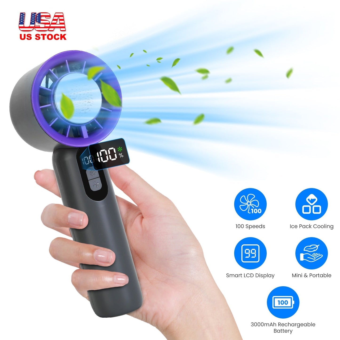 Ventilador de Mano de 100 Velocidades con Enfriador de Hielo - Recargable y Portátil