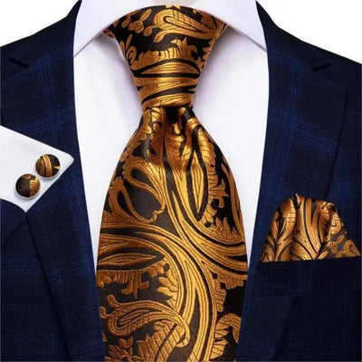 Elegant Gold Necktie Set for Men with Handkerchief and Cufflinks