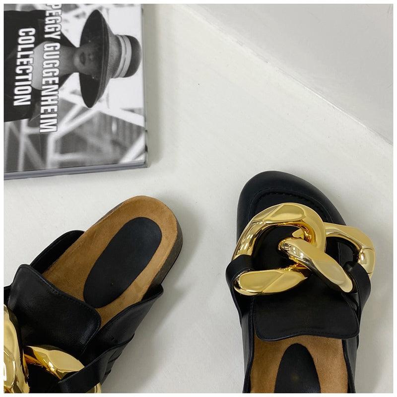 Elegant Women’s Closed Toe Slip-On Flats with Gold Chain