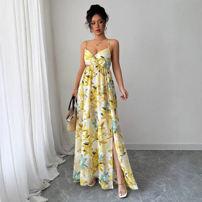 Elegant Suspender Printed Long Skirt Dress