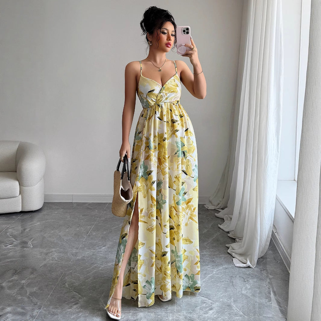 Elegant Suspender Printed Long Skirt Dress