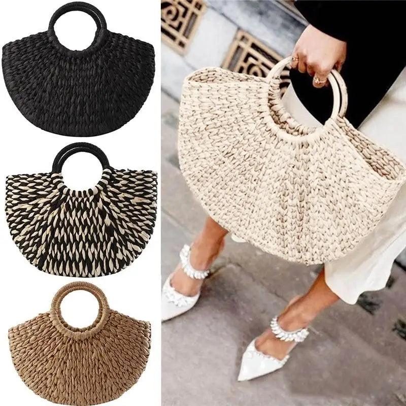 Bolso de paja trenzada medio redondo Elehant para mujer