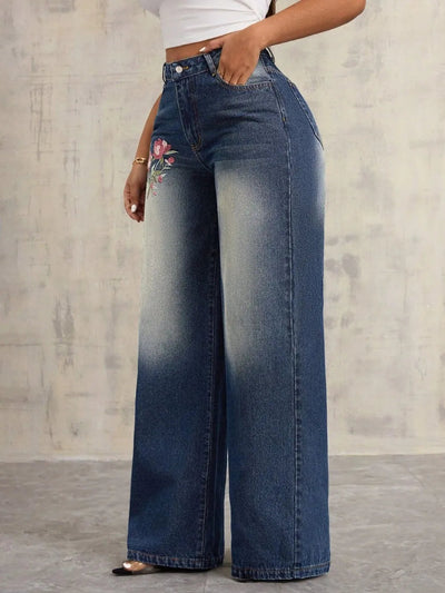 Embroidered Wide Leg Jeans - Korvel