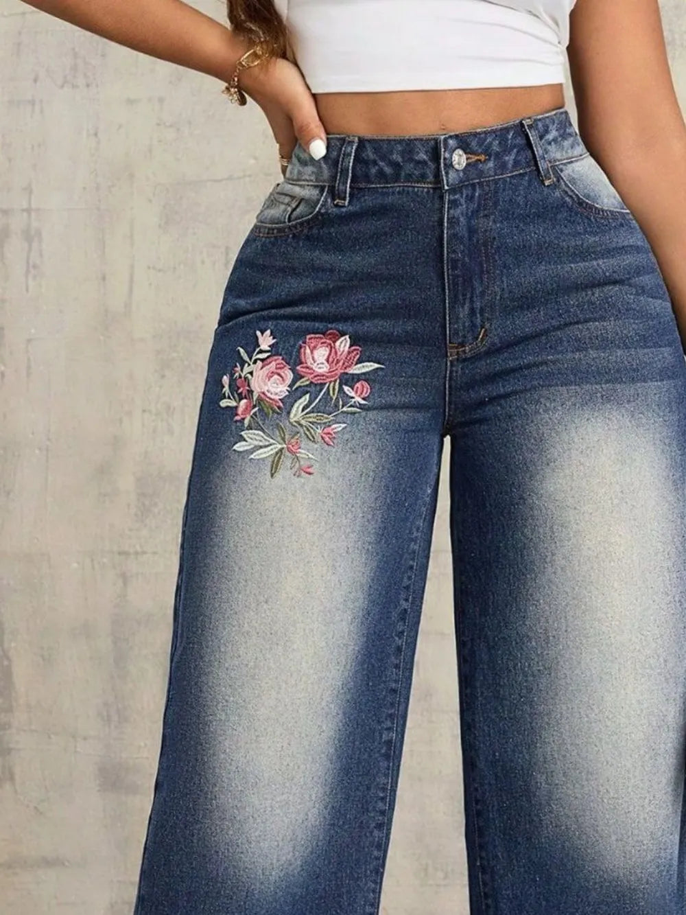 Embroidered Wide Leg Jeans - Korvel