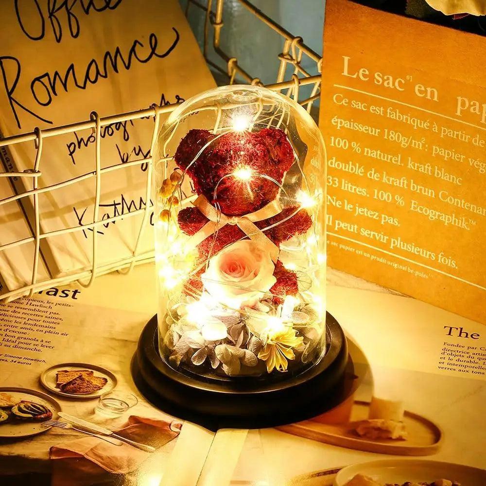 Osito de Peluche Rosa Roja Encantada en Domo de Cristal con Luz LED