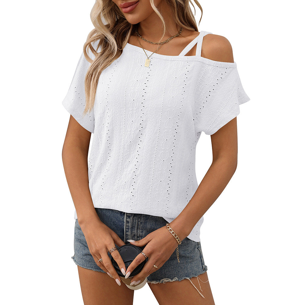 European and American one shoulder short sleeved T-shirt hollowed out top for women - Korvel