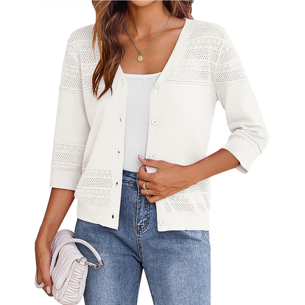 European and American shawl hollow knitted V-neck cardigan - Korvel