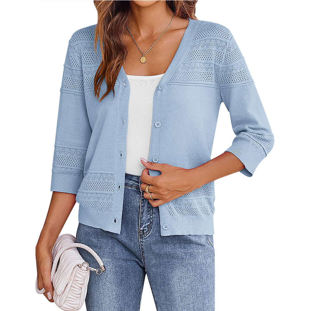 European and American shawl hollow knitted V-neck cardigan - Korvel