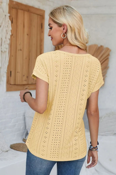 Eyelet Round Neck Rolled Short Sleeve T-Shirt - Korvel