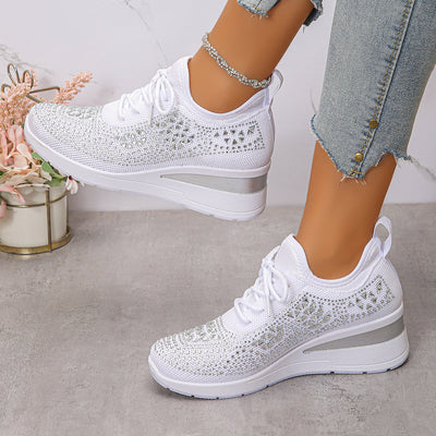 Rhinestone Lace-Up Wedge Sneakers for Women