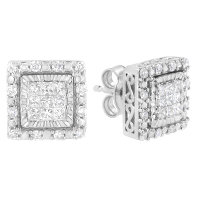 Pendientes de diamantes en corte princesa de oro blanco de 10 quilates con engaste invisible