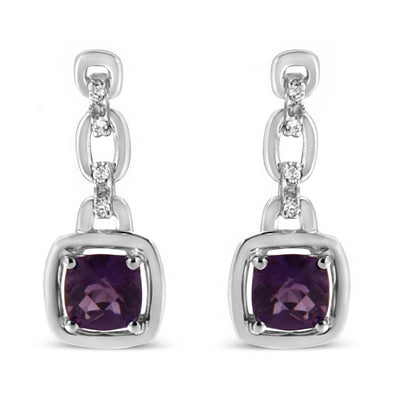 Pendientes de Acero Inoxidable de Plata .925 con Amatista Púrpura y Acentos de Diamante