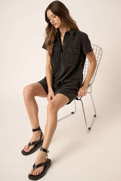 Robe Chemise à Manches Courtes avec Détails de Bouton et Col