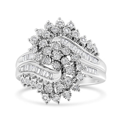 Bague cocktail en or blanc 10K avec diamants ronds et baguette - Taille 7