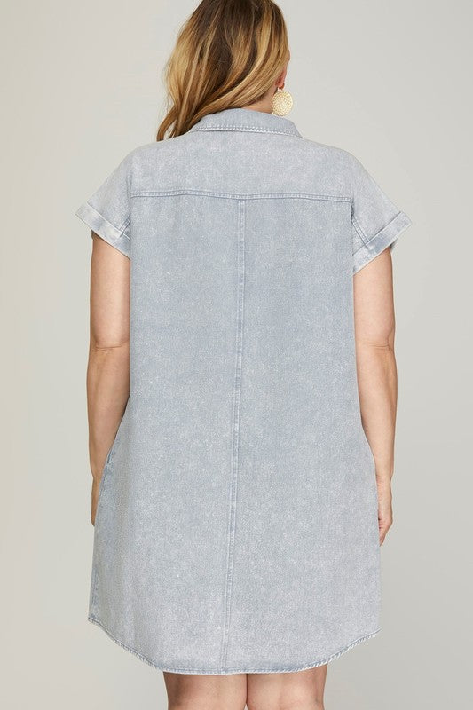 Vestido Camisero de Talla Grande en Azul Grisáceo