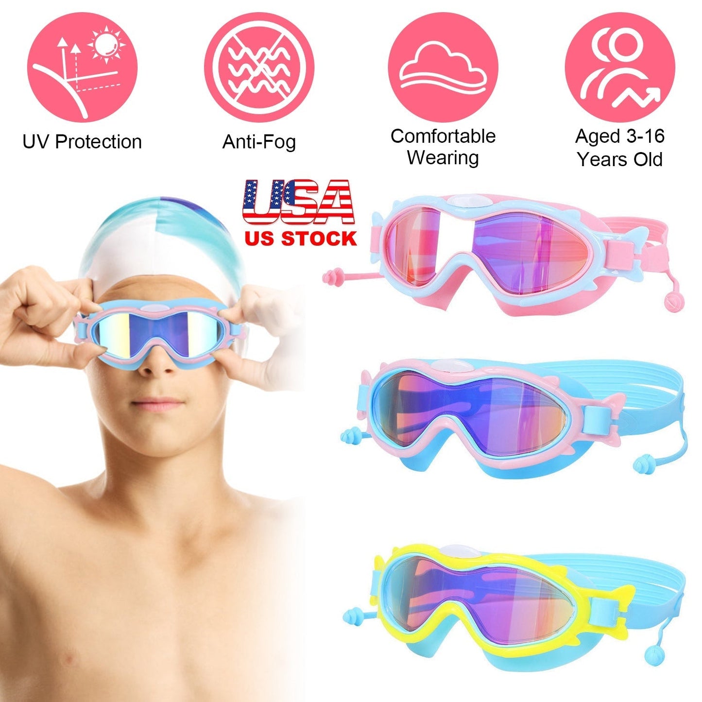 Lunettes de natation pour enfants avec bouchons d'oreilles - Protection UV et anti-buée