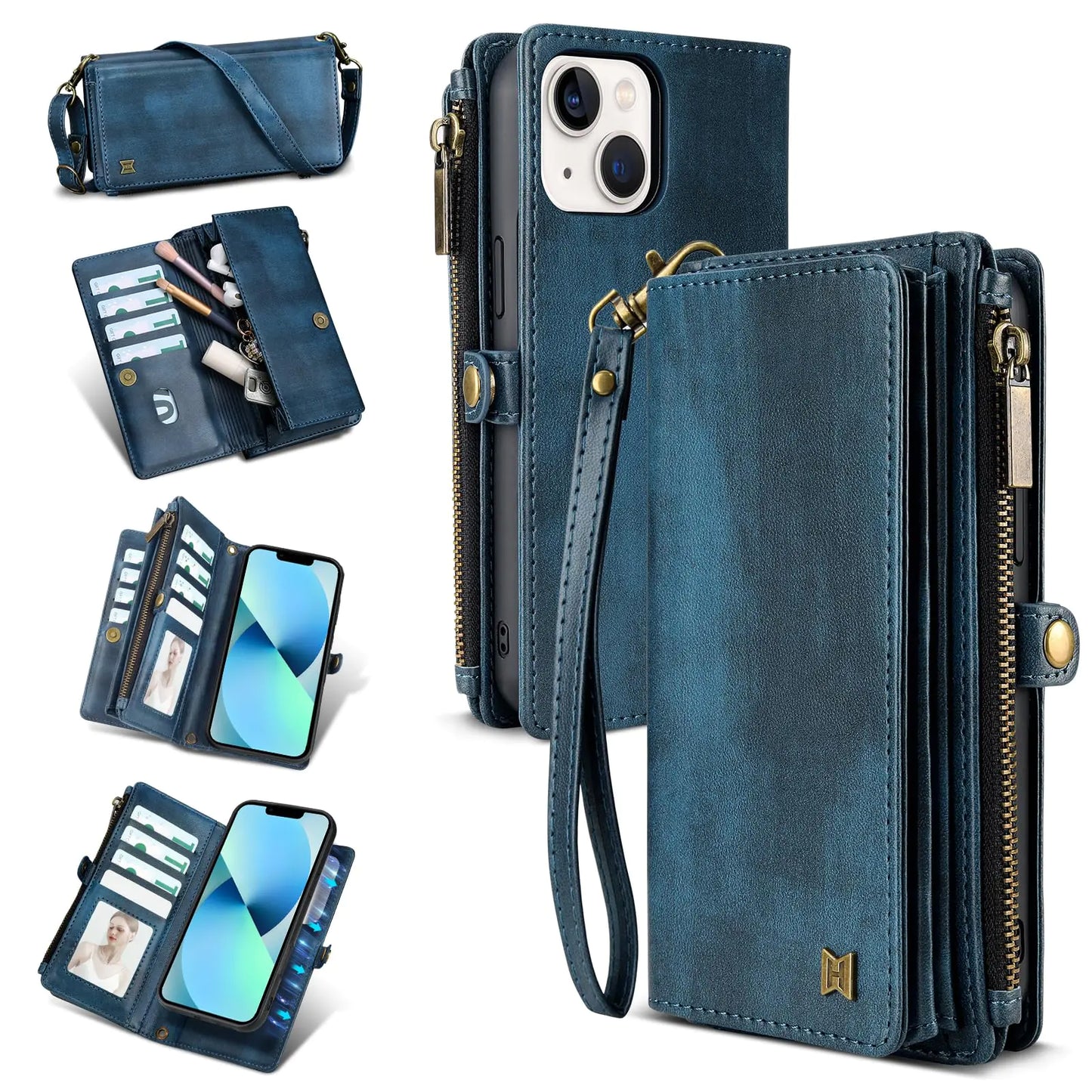 Coque de portefeuille magnétique 2-en-1 premium pour iPhone 13 - Bleu