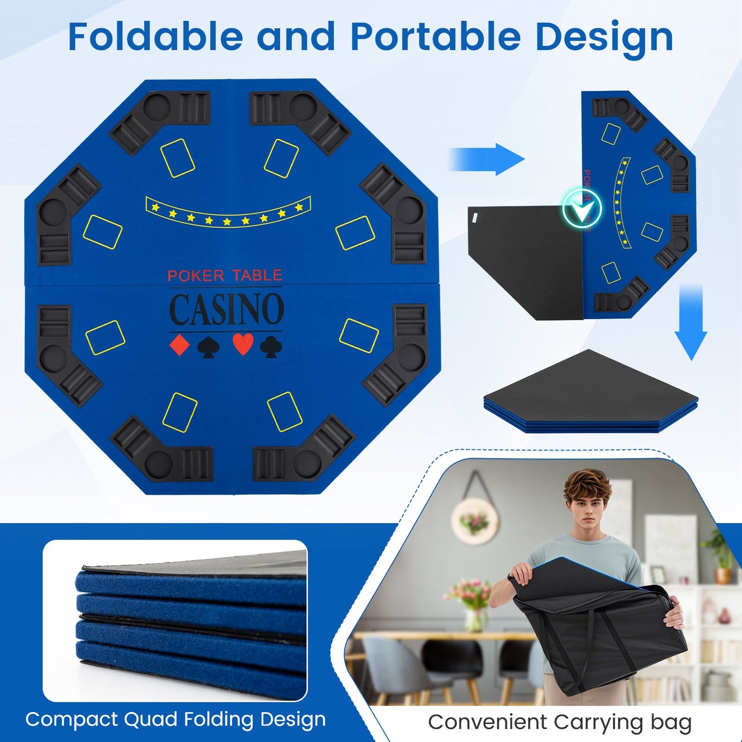 8-Player Foldable Poker Table Top with Carrying Bag - Blue