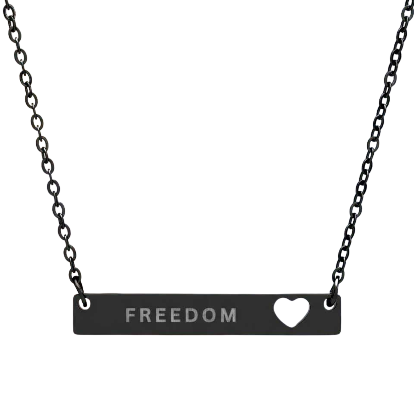 Engraved Freedom Cutout Heart Bar Necklace