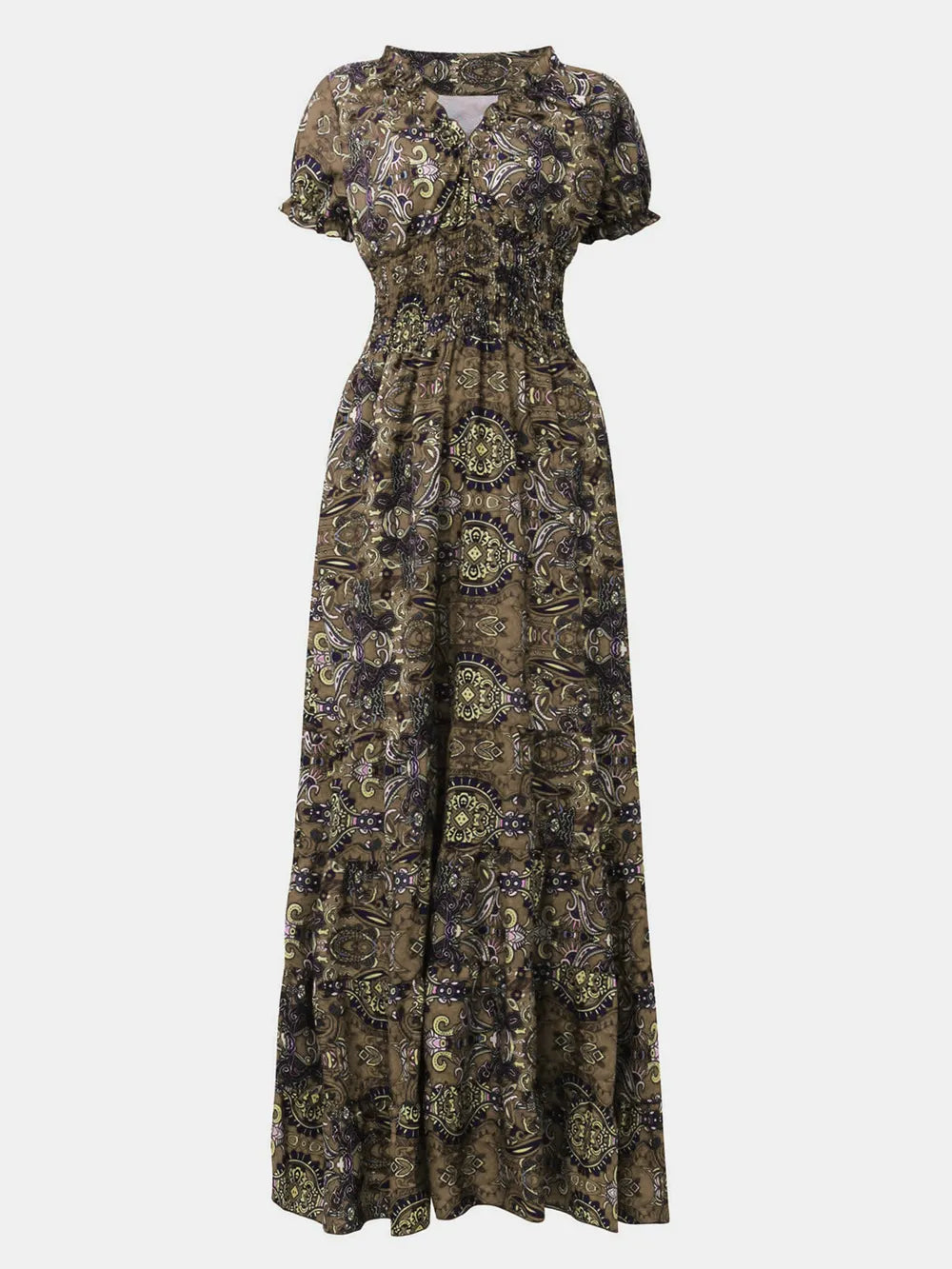 Full Size Smocked Printed V-Neck Short Sleeve Dress - Korvel