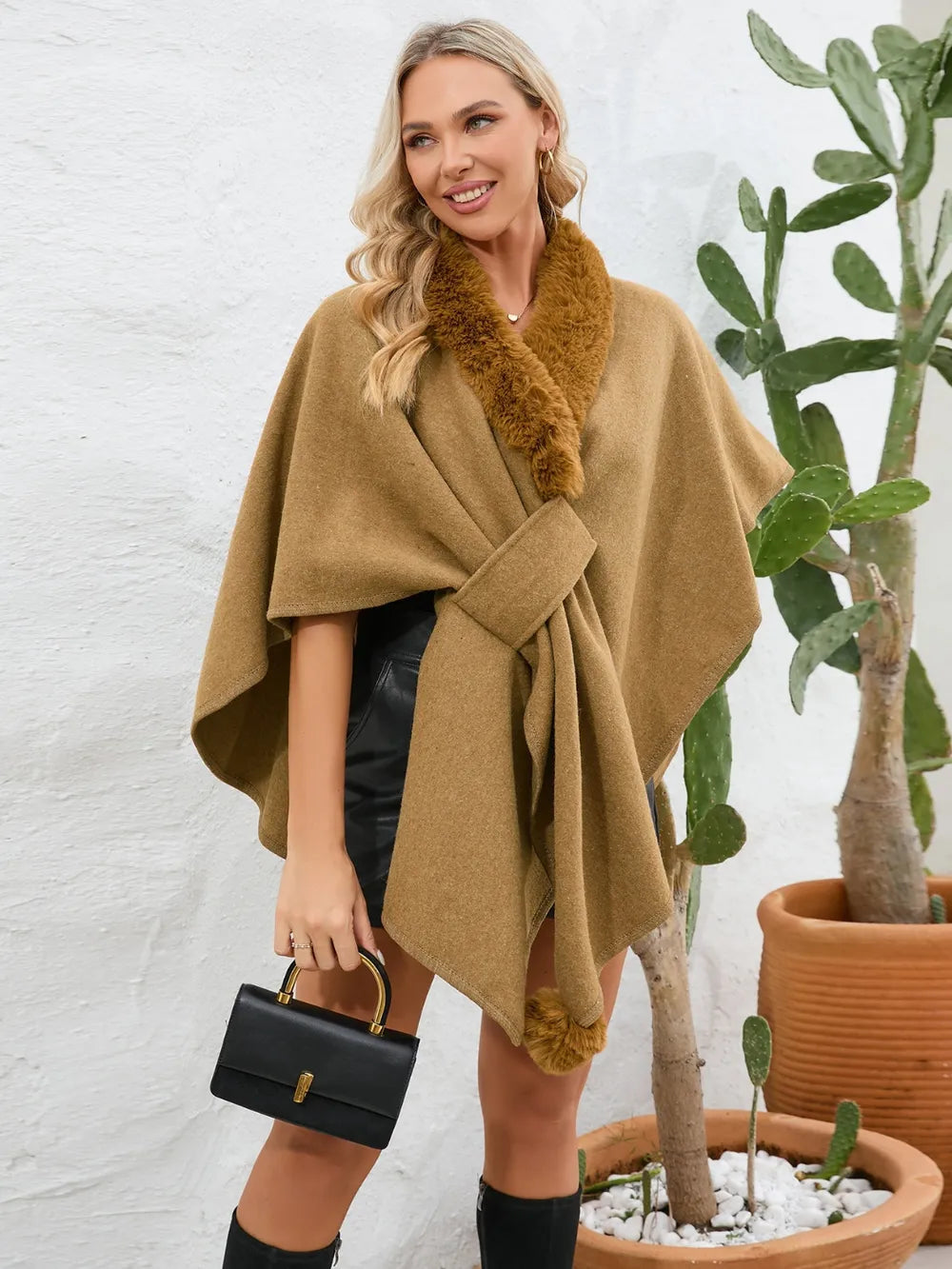 Fuzzy Trim Open Front Poncho - Korvel