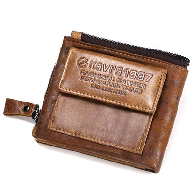 Genuine Cowhide Men's Short Wallet with Zipper and Multifunctional Design