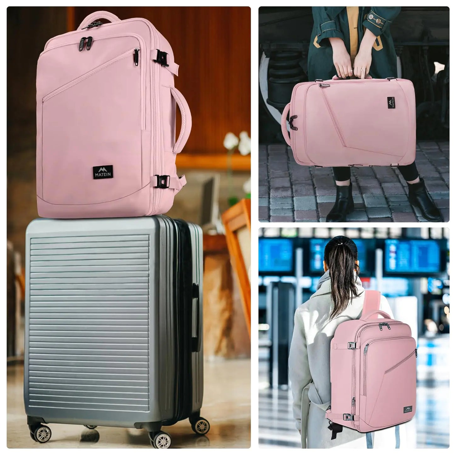MATEIN Mochila de Viaje Rosa para Mujeres - Aprobada por Aerolíneas y Expandible
