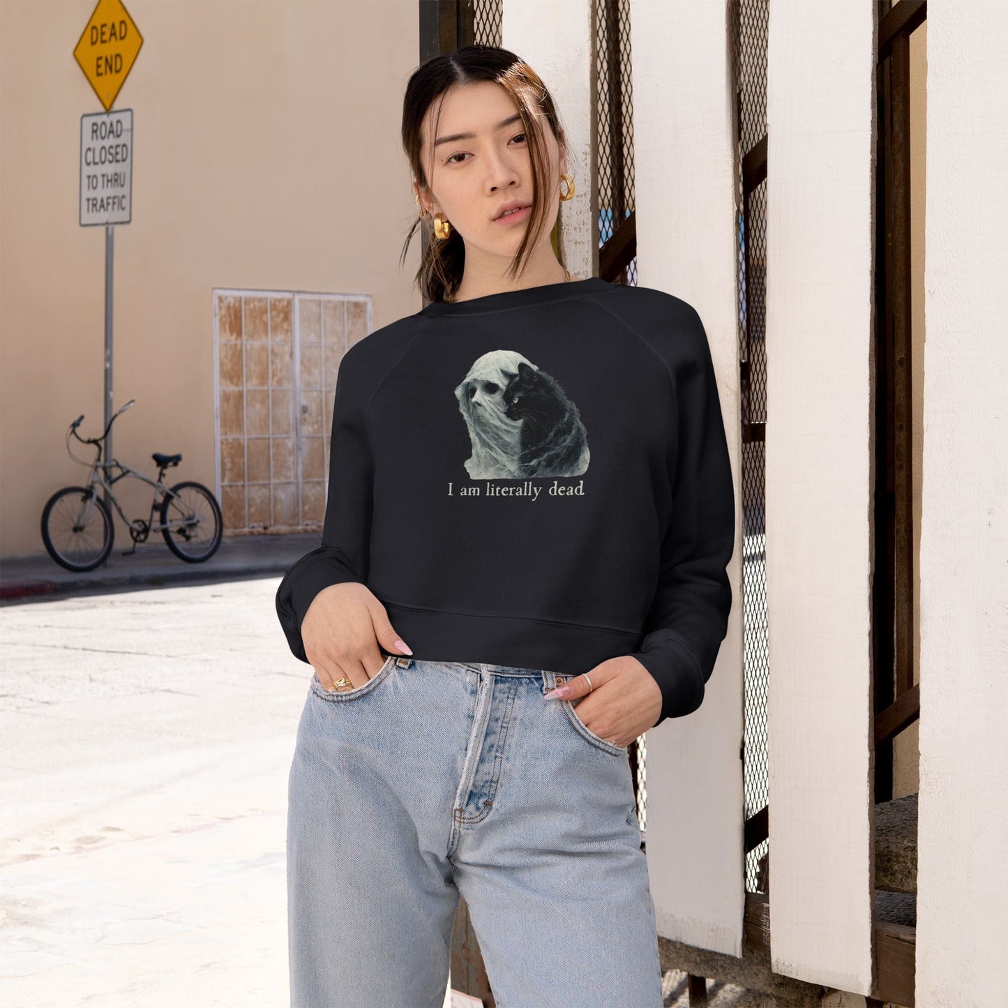 Whimsical Ghost and Cat Cropped Fleece Pullover for Women - Korvel
