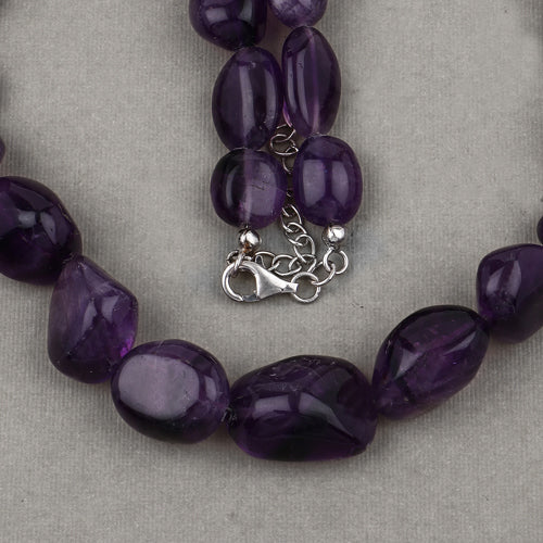 Collar de cuentas de amatista cruda genuina en plata esterlina