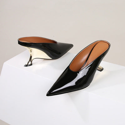 Glossy patent leather cross-border women's shoes with high heels and sloping heels slippers - Korvel