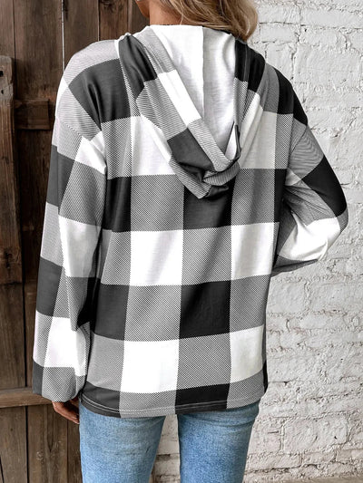 Grid printed loose casual fashionable button long sleeved hooded sweatshirt - Korvel