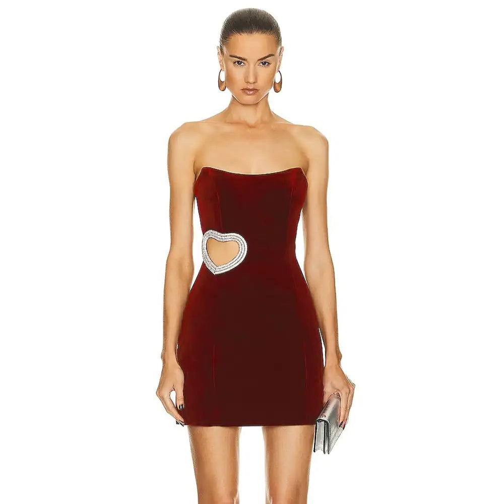 Robe tube en diamant en forme de cœur rouge vin pour femmes