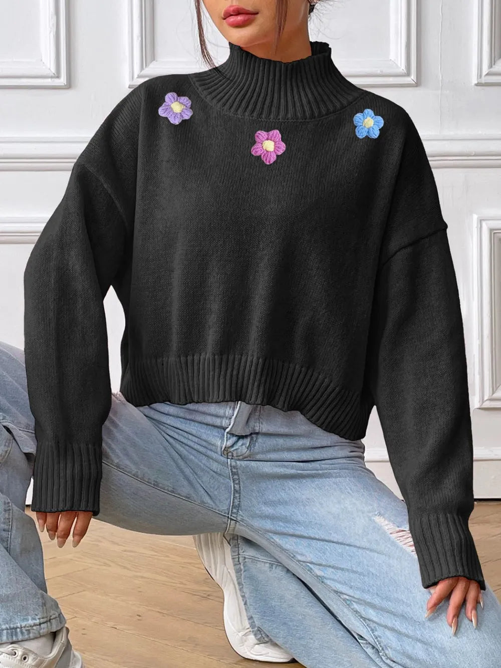 Hand hook flower collage high neck pullover sweater loose casual base sweater - Korvel