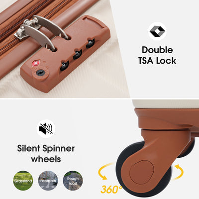 Hardshell Luggage Sets 3 Pcs Spinner Suitcase with TSA Lock Lightweight 20''24''28'' Brown+White + ABS - Korvel