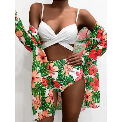 Chic High-Waist Floral Bikini Set - 3-Piece Summer Swimwear for Women - Korvel