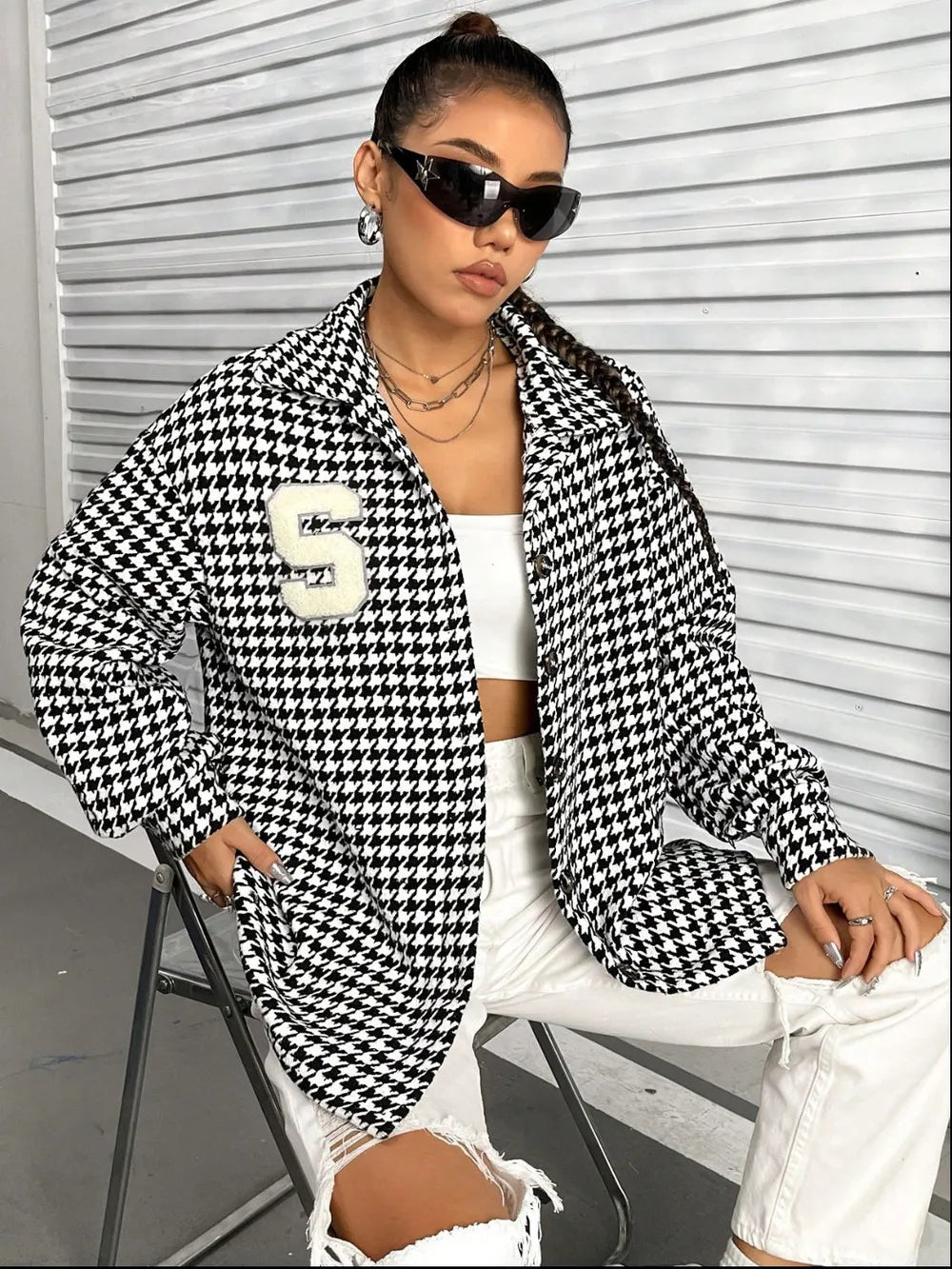 Houndstooth Button Down Long Sleeve Shacket - Korvel
