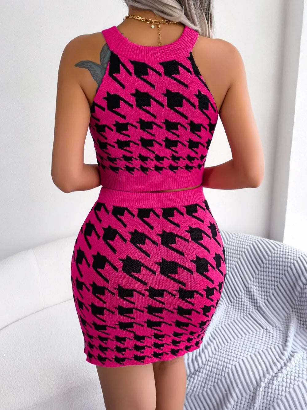 Houndstooth Sleeveless Top and Skirt Sweater Set - Korvel