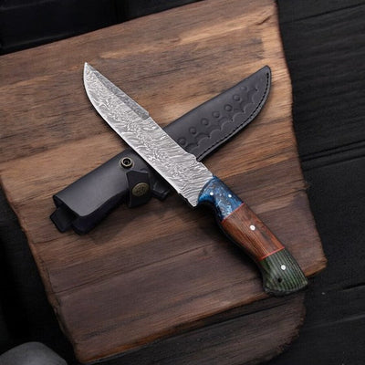 Premium Custom Boar Hunting Knife – 12" Damascus Steel with Leather Sheath - Korvel