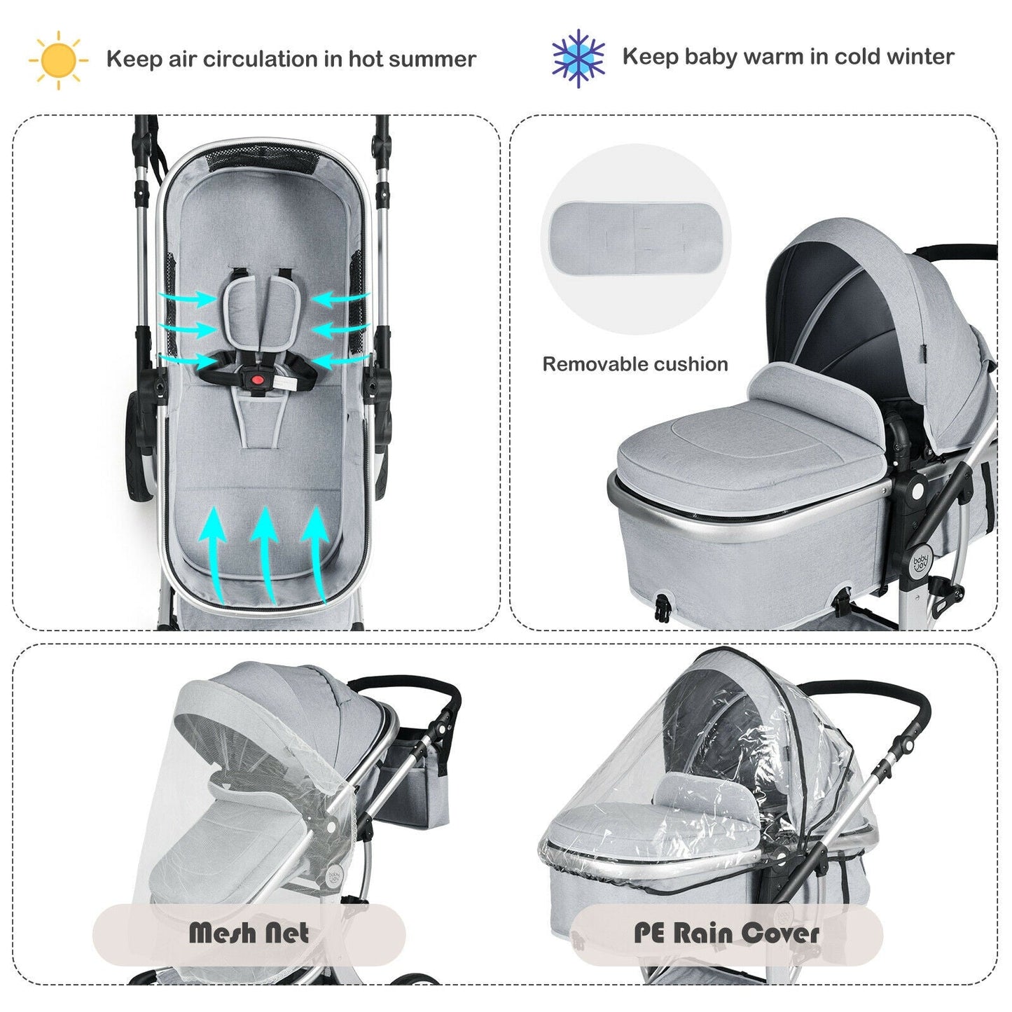 Folding Aluminum Infant Reversible Stroller with Diaper Bag - Gray