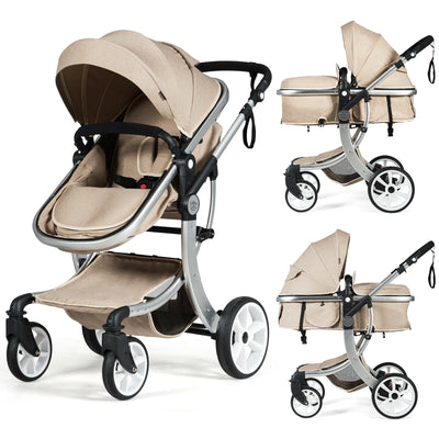 Folding Aluminum Infant Reversible Stroller with Diaper Bag - Beige