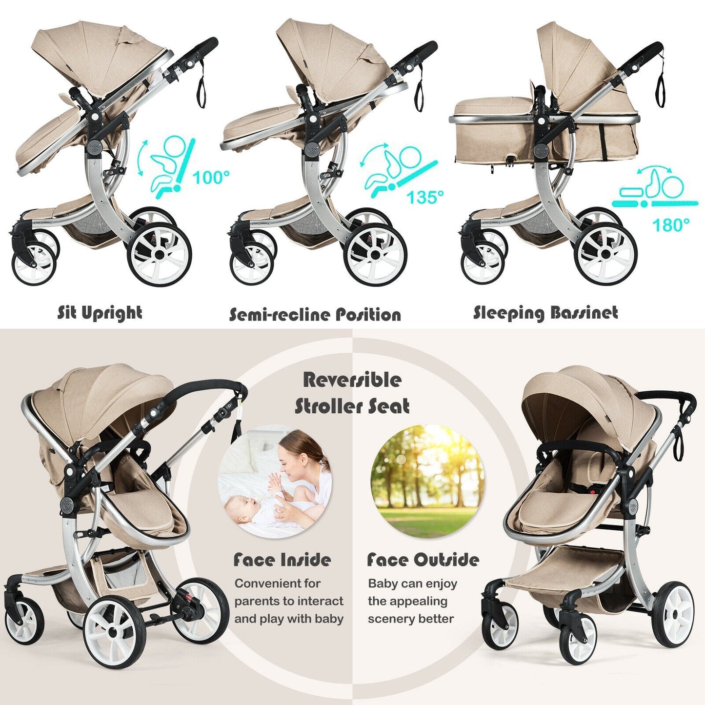 Folding Aluminum Infant Reversible Stroller with Diaper Bag - Beige