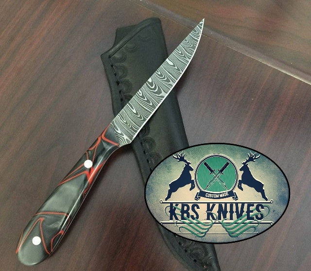 Handcrafted Damascus Steel Fillet-Boning Knife with Epoxy Resin Handle & Leather Sheath by KBS Knives - Korvel