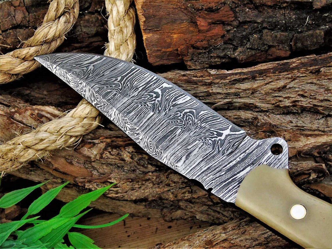 Premium Custom Damascus Skinning Knife with Elegant Bone Handle - 8.25-Inch Blade - Korvel