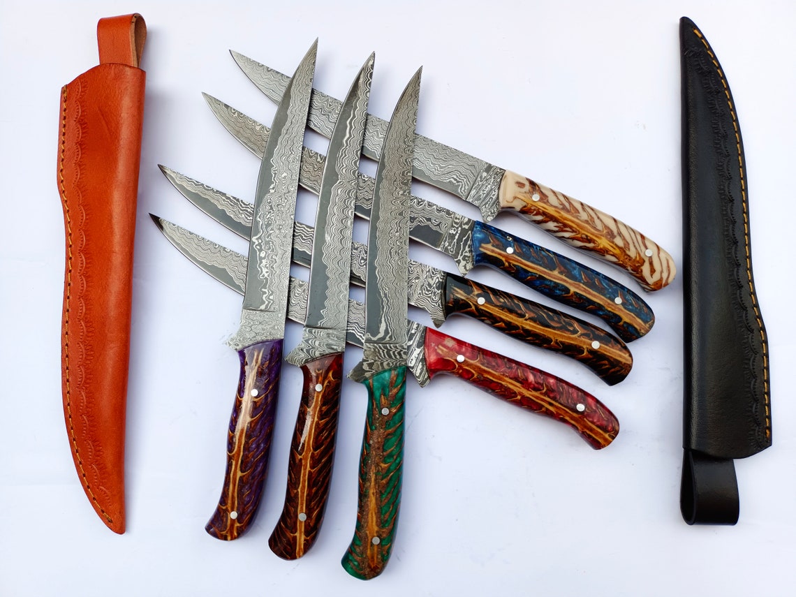 Artisan Damascus Steel Fillet Knife with Unique Pine Cone Handle - 13 Inches with Leather Sheath - Korvel