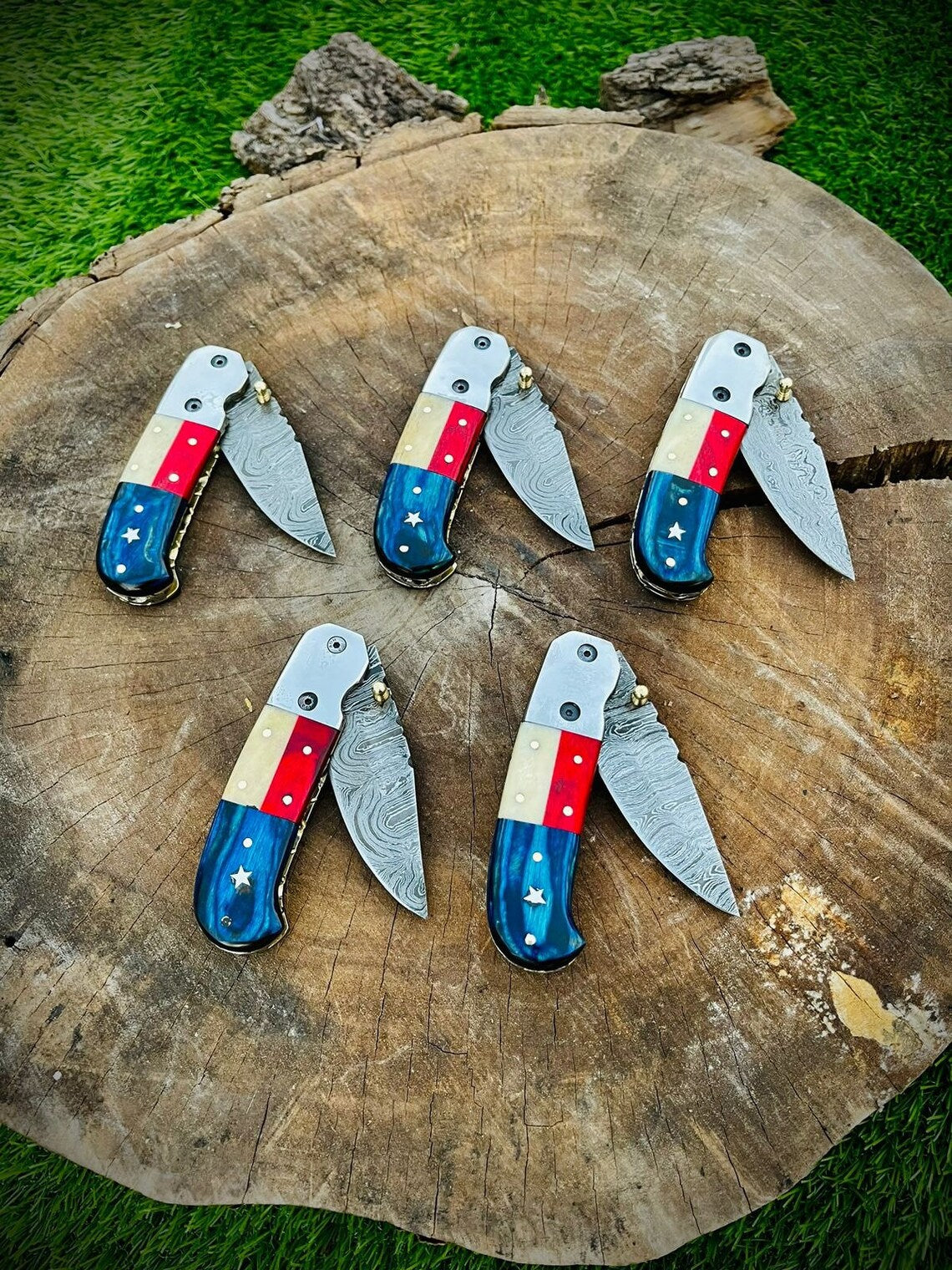 Handcrafted Texas Pride Damascus Steel Folding Knife | Unique Wood-Bone Handle | 3.1" Blade with Leather Sheath - Korvel