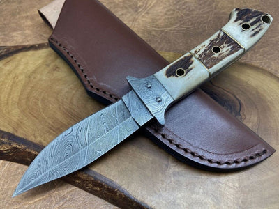 Premium Custom Damascus Hunting Knife | Stag Horn Grip | 8.5" | Leather Sheath Included - Korvel