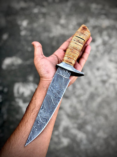 Exquisite Handmade Damascus Steel Bowie Knife | Leather-Damascus Handle | 12" | Includes Leather Sheath | KBS Knives - Korvel